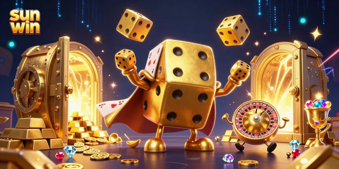 Win big at sun win with a vibrant 3D casino scene featuring golden dice and treasure elements.