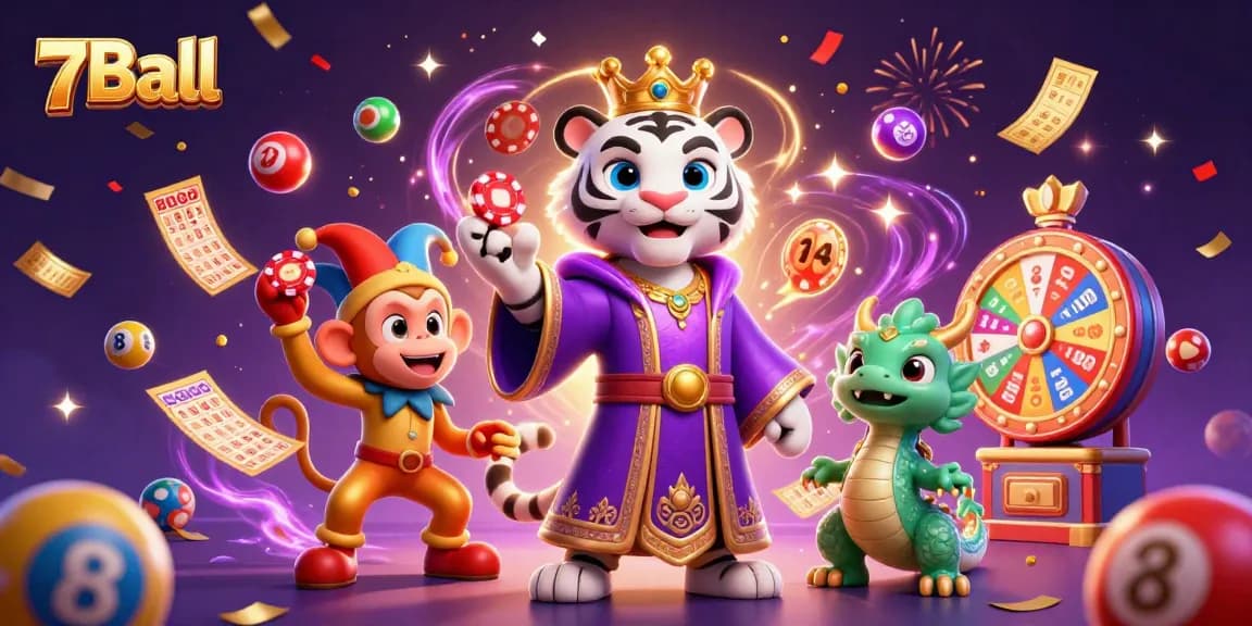 Experience excitement at 7Ball with a lively illustration of a tiger, monkey, and dragon in a colorful gambling scene.