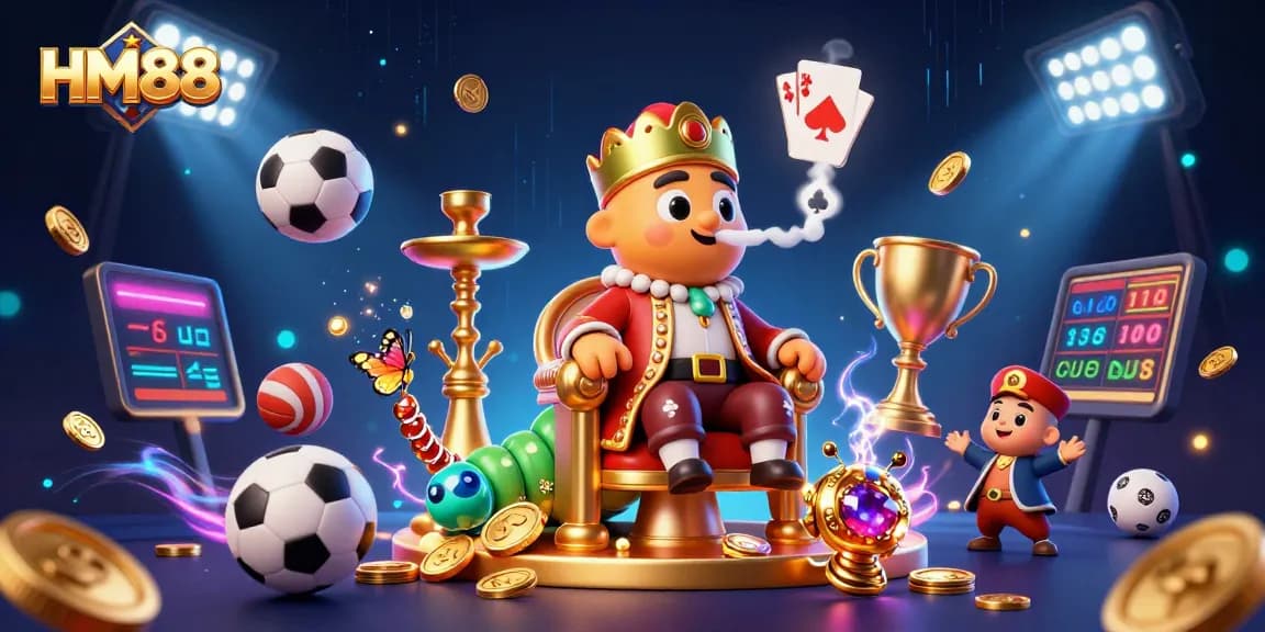 Experience thrilling action at HM88 with a vibrant 3D casino scene featuring sports elements and a playful caterpillar.