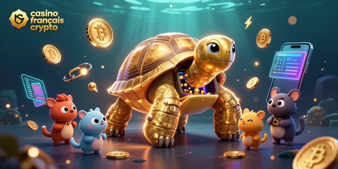 Jouer au casino français crypto avec une tortue en machine à pinball illuminée, entourée de pièces de crypto.