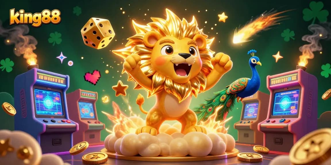 Join the thrill of king88 as the lion roars amidst vibrant casino games and golden dice!