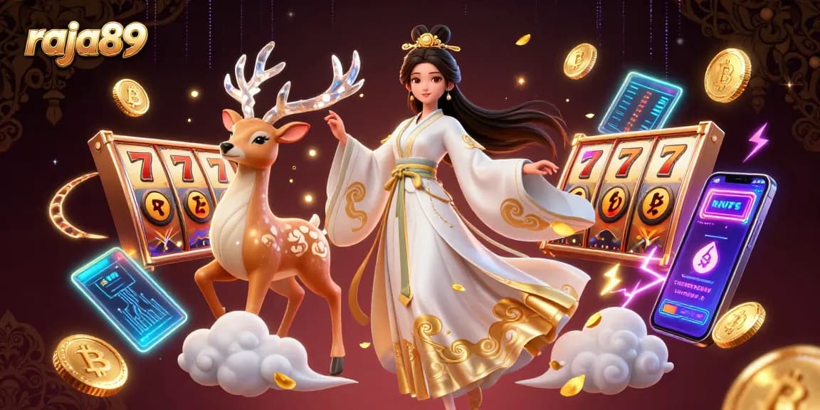 Engage in thrilling gameplay at raja89 with mesmerizing visuals of online slot machines and crypto elements.