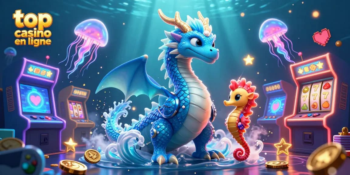 Illustration représentant un dragon azur magique au casino en ligne, avec des machines à sous et des médailles