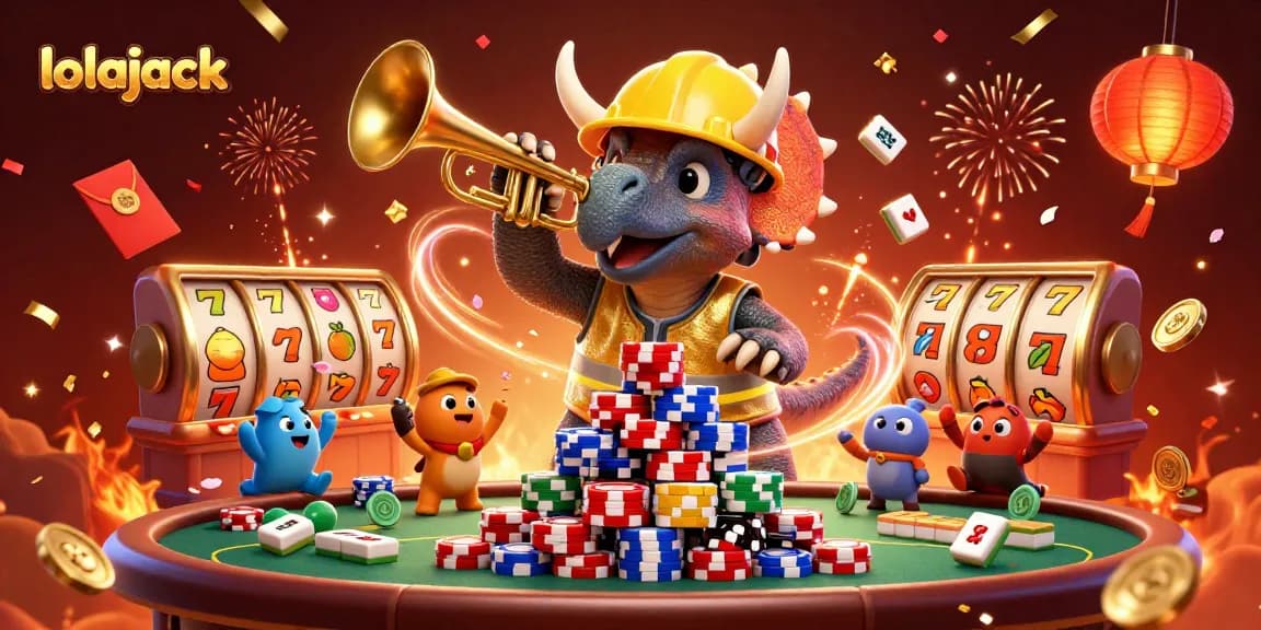 Celebrate wins at Lolajack Casino with a festive 3D gaming scene featuring colorful slots and cheerful characters.