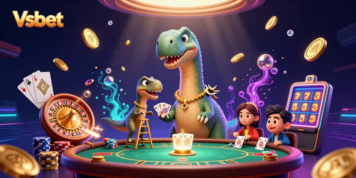 Vsbet brings excitement with a vibrant casino scene, showcasing thrilling games and colorful characters.