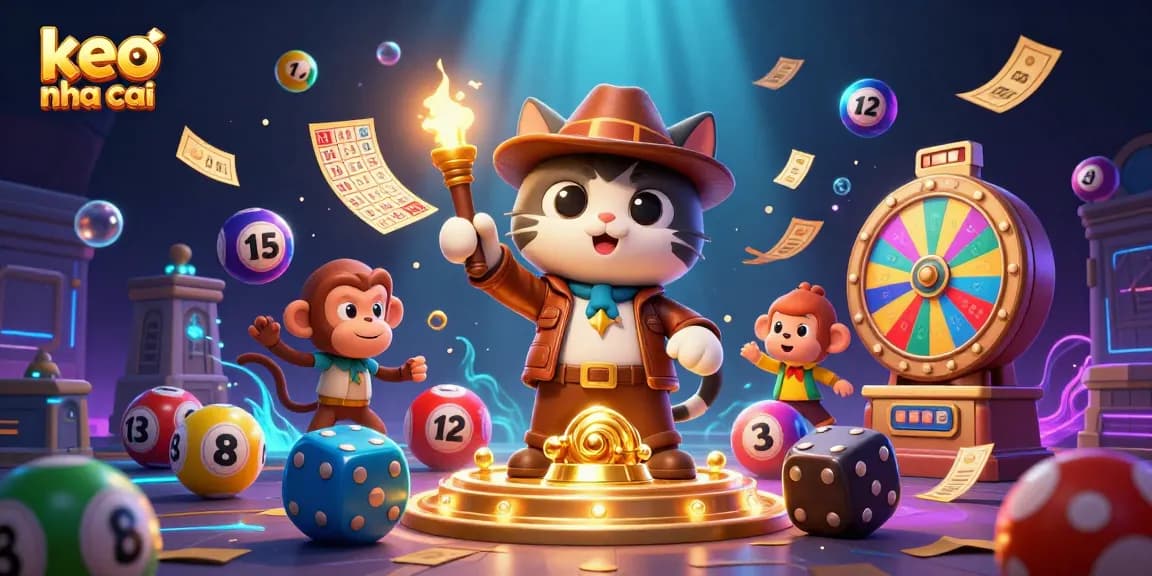 Engage with keo nha cai while exploring a vibrant scene filled with casino-themed artifacts and lottery elements.