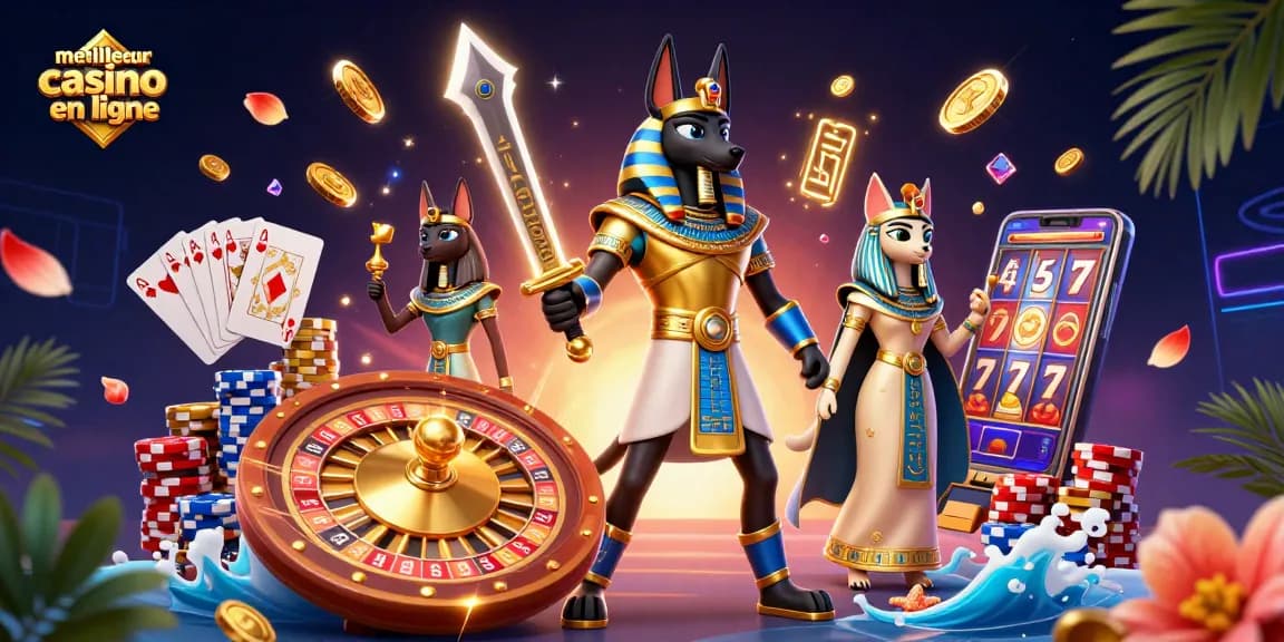 Gagnez avec le meilleur casino en ligne grâce à cette illustration dynamique d'Anubis et Bastet.