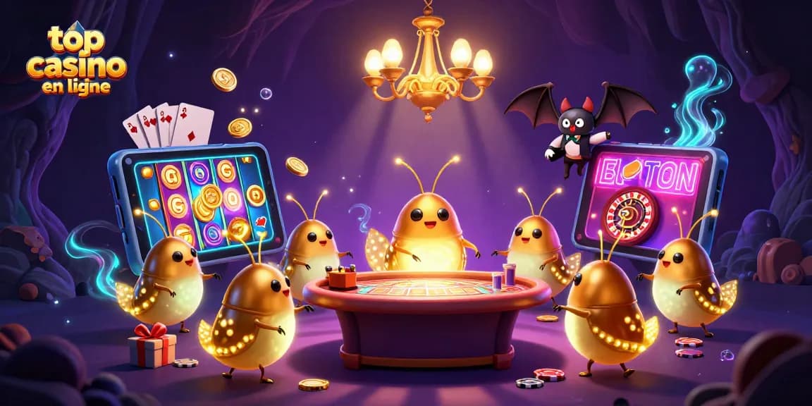 Jouez au top casino en ligne avec des lucioles illuminant la scène de jeux colorés.