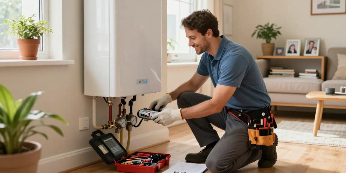 Northampton boiler repair service technician working on a boiler in a cozy home, showcasing expertise and warmth.