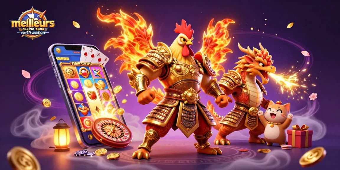 Découvrez les meilleurs casinos sans vérification avec un guerrier coq et un dragon dans une scène ludique.