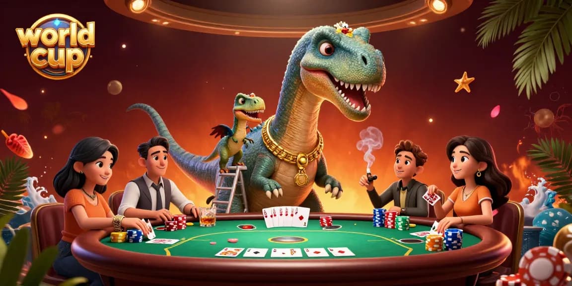Engage with world cup excitement as a giant brontosaurus towers over a vibrant poker scene.