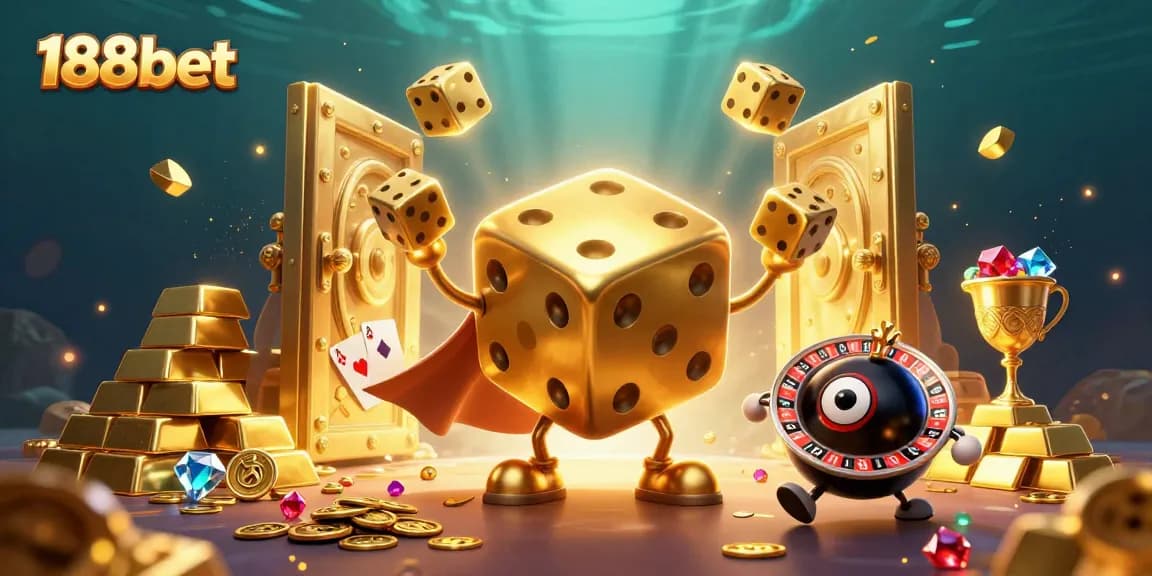 Engage with the vibrant 188bet action featuring golden dice golem and treasures.