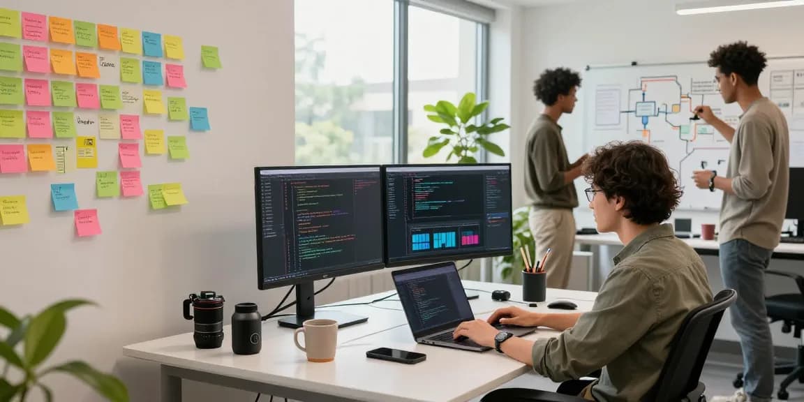 Build internal tools with AI in a collaborative software development workspace with diverse team members focused on coding.