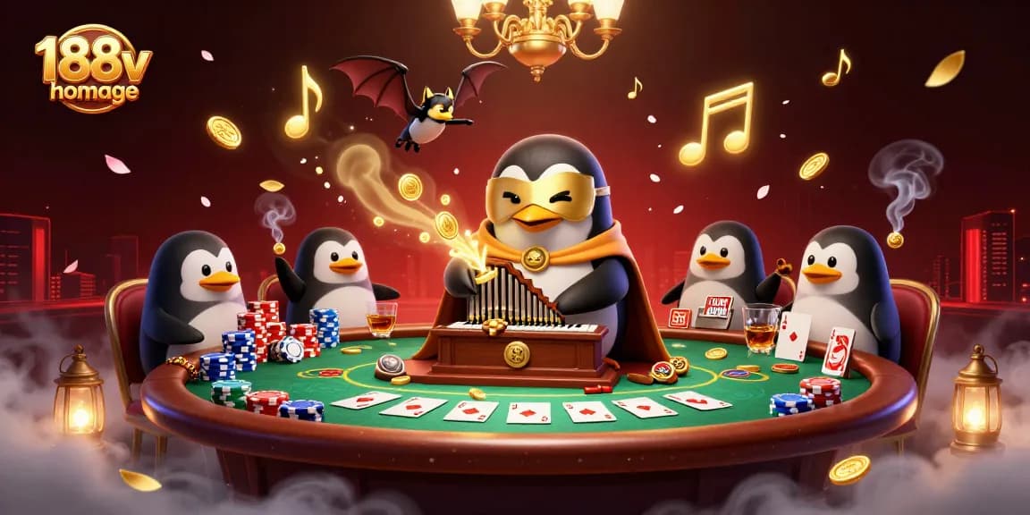 Experience winning moments on the 188v homepage with an exciting casino scene featuring a penguin playing a pipe organ.
