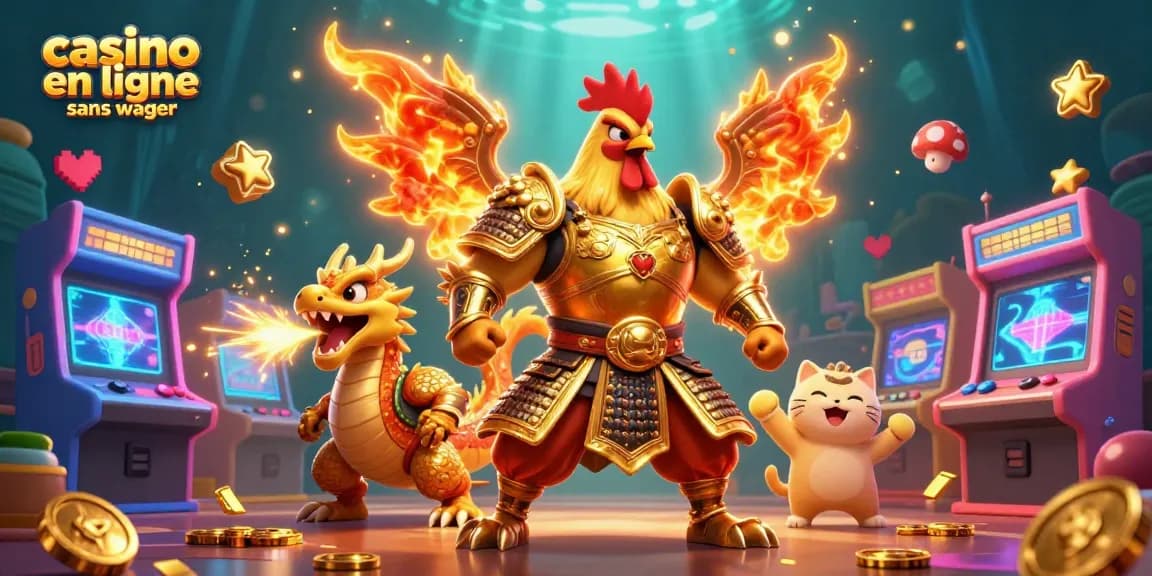 Profitez d'une scène de casino en ligne sans wager avec une illustration vibrante d'un guerrier coq et un dragon haché.