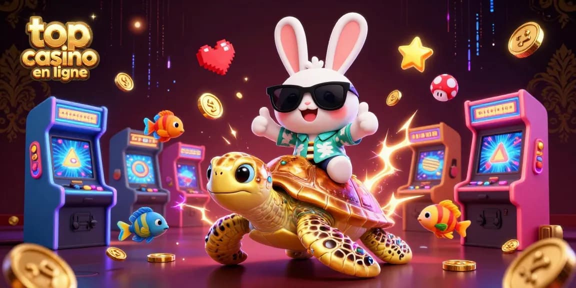 Top casino en ligne avec un lapin chanceux et une tortue géante, illustration colorée et dynamique