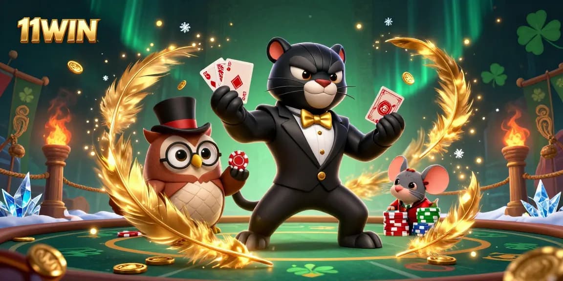 Experience excitement with 11WIN as the stylish panther deals cards in a vibrant casino scene.