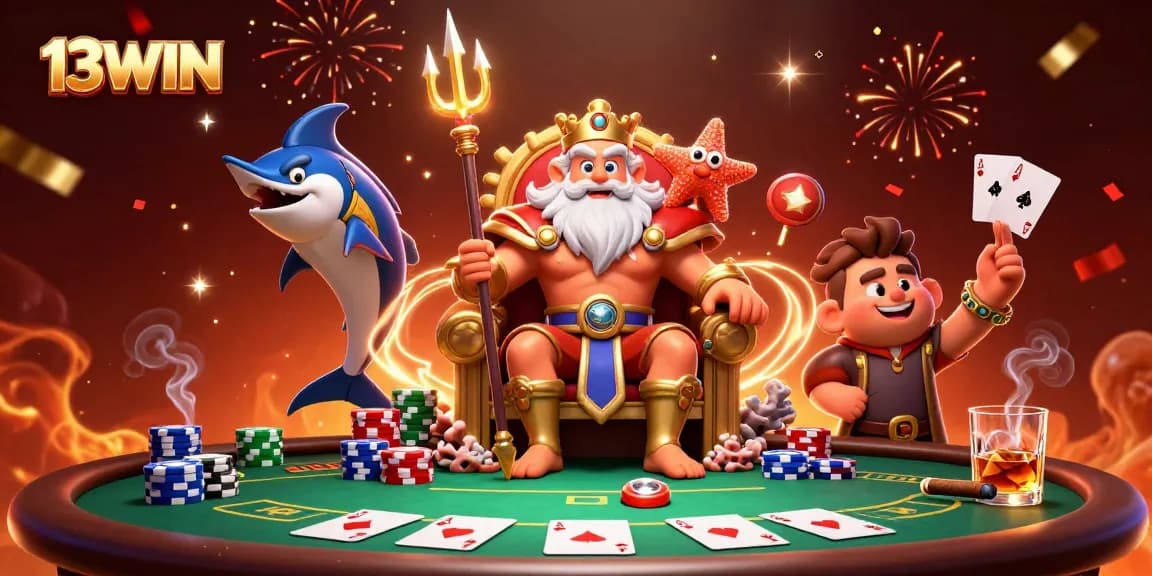 Engage with 13WIN at the vibrant poker table surrounded by thrilling game elements