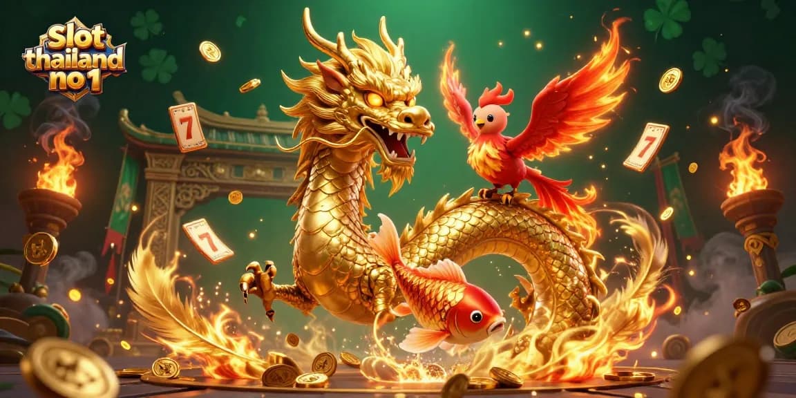 Engage in thrilling moments at slot thailand no 1 with a dragon, phoenix, and koi fish amidst gold coins.
