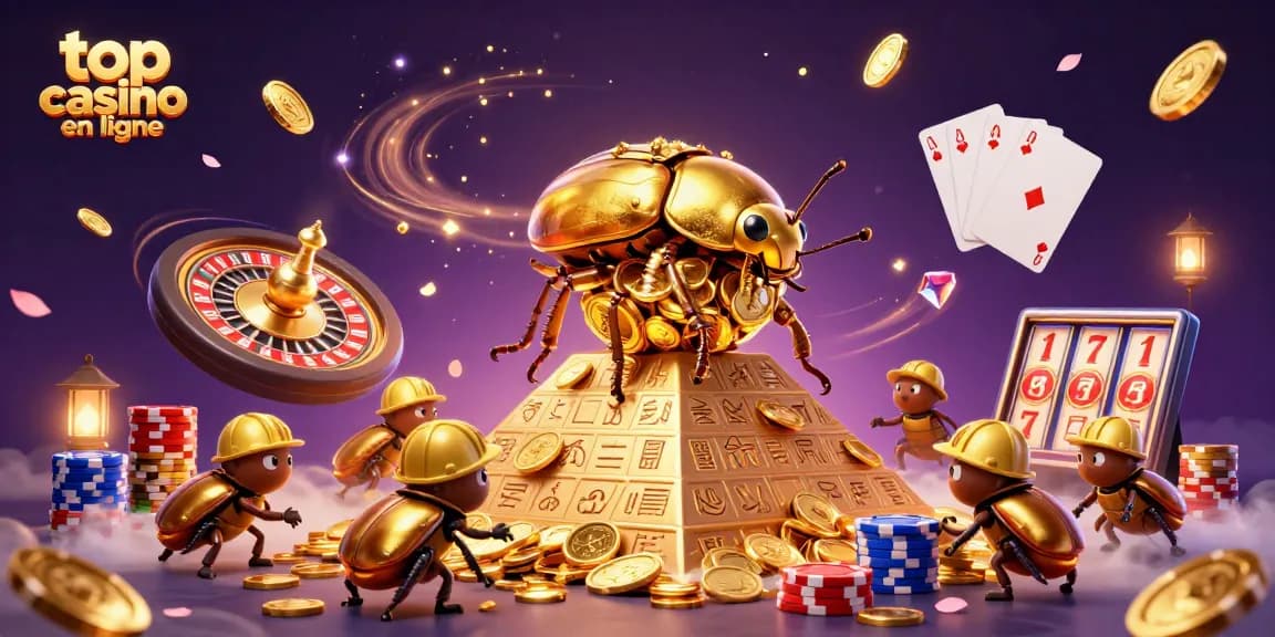 Visualisez les meilleurs jeux de casino en ligne avec le top casino en ligne, illustrés par un scarabée doré en 3D.