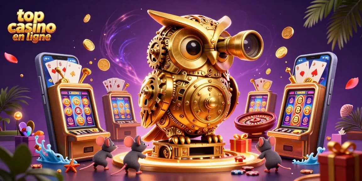 Scannez le meilleur casino en ligne avec l'hibou doré et des souris jouant entre les machines à sous.