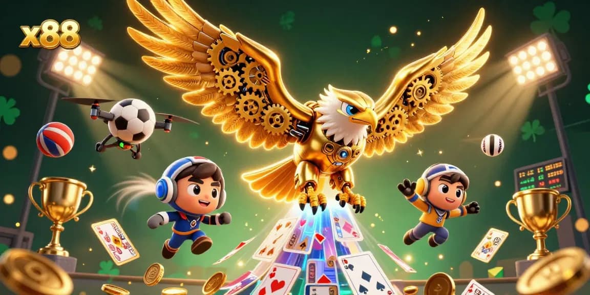 Experience the excitement of slots at x88 with a dynamic scene of a cybernetic eagle amidst flying cards and sports elements.