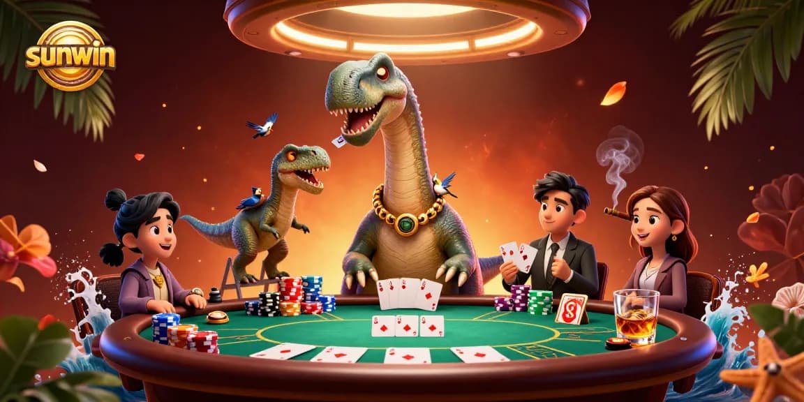 Engage at sunwin casino with a dinosaur-themed poker scene showcasing excitement and fun.