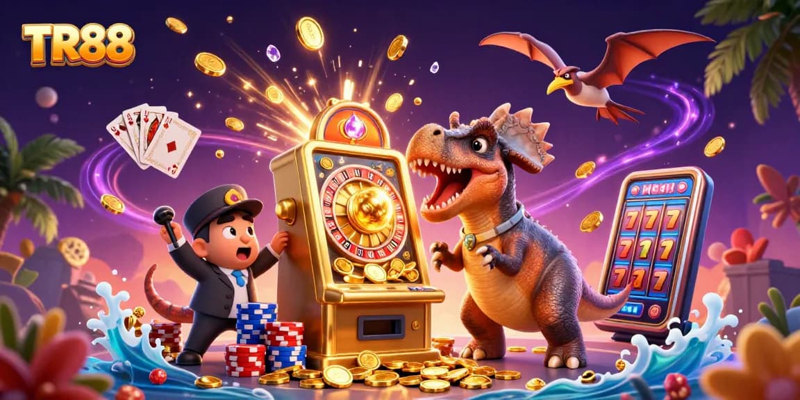 TR88 slot machine eruption with coins and characters in a vibrant casino illustration