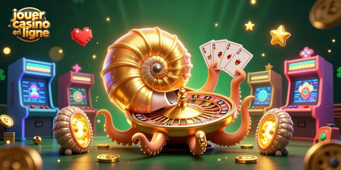 Jouer au casino en ligne avec un nautilus géant en 3D, tenant des cartes et entouré de machines colorées.