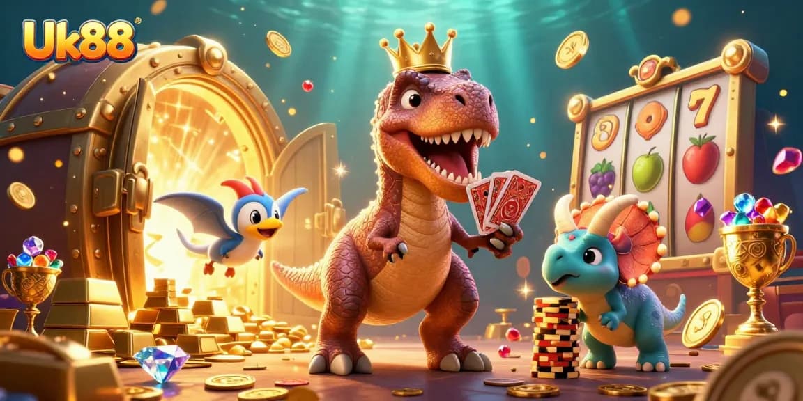 Experience thrilling gameplay with Uk88 in this engaging casino scene featuring vibrant characters.