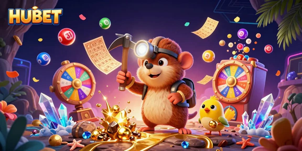 Join the excitement at HUBET with vibrant lottery elements as the treasure hunter mole digs for gems and gold.