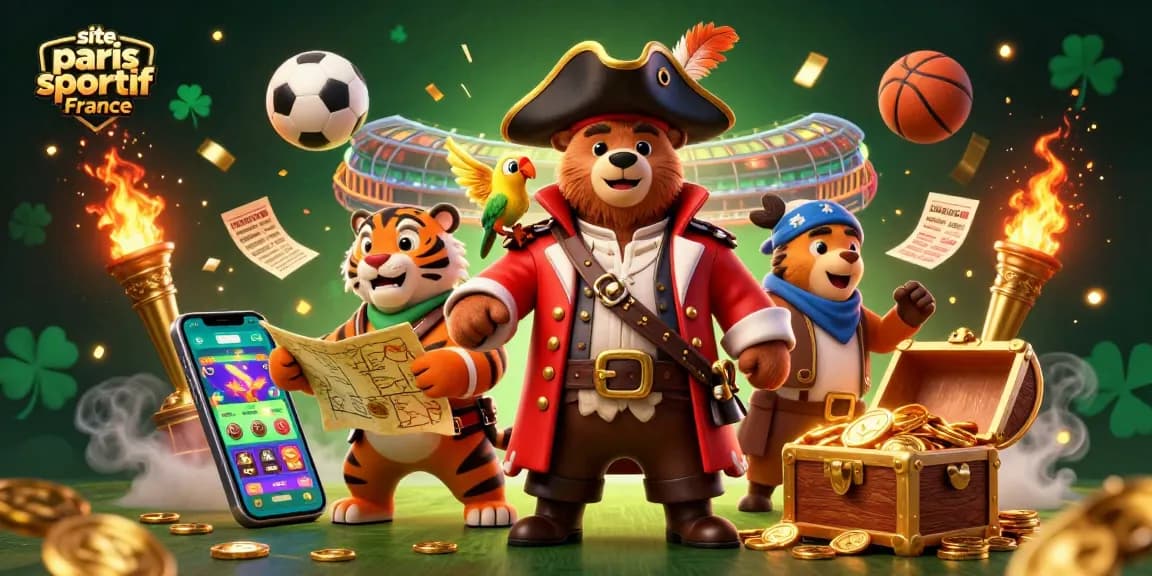 Pariez sur site paris sportif France avec un ours pirate, un tigre et des éléments de paris sportifs animés.