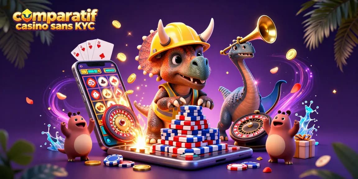 Comparatif casino sans KYC : triceratops et parasaurolophus entourés de jetons de poker et d'éléments de jeux d'argent.