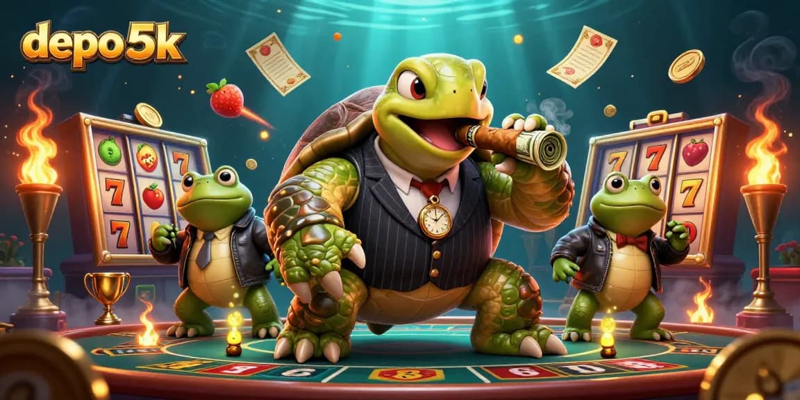 Engage in online gaming action at depo 5k with a vibrant 3D casino scene showcasing exciting slot gameplay and charismatic characters.