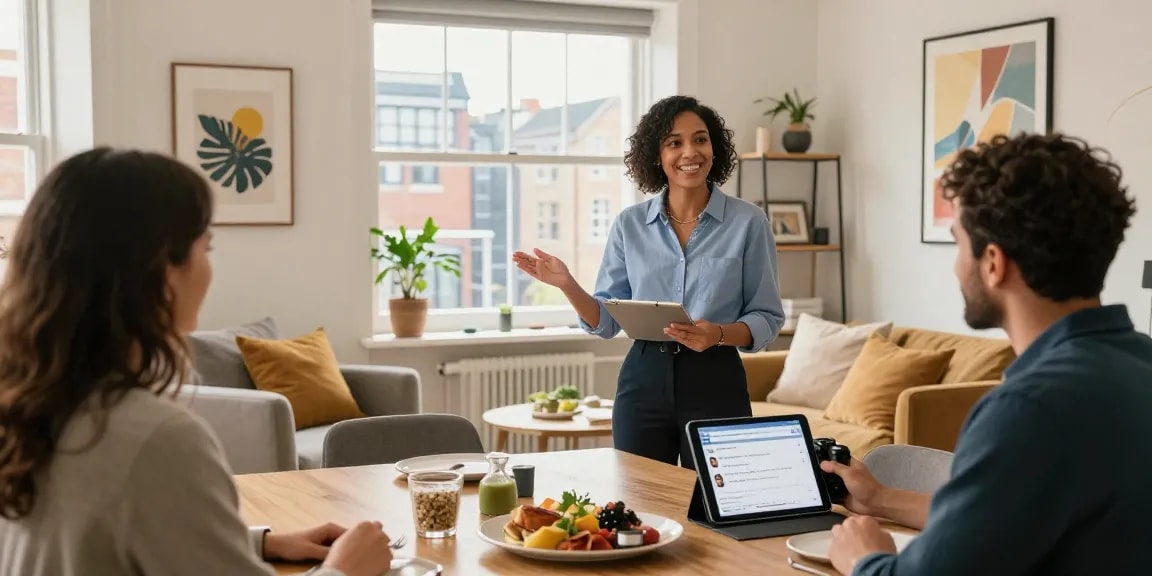 Bristol holiday-let management featuring a local property manager showcasing a stylish rental apartment, highlighting hospitality with modern decor and city views.