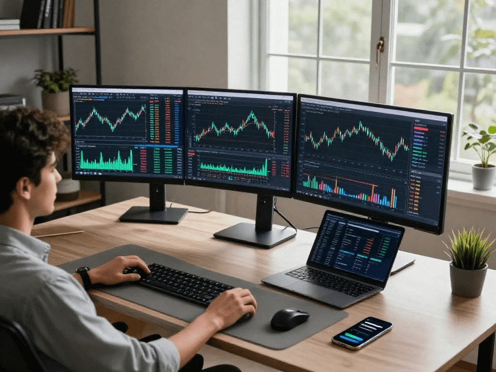 在 MetaTrader 5 官网，展示加密货币交易及分析的专业工作环境，包含多个设备和金融数据。