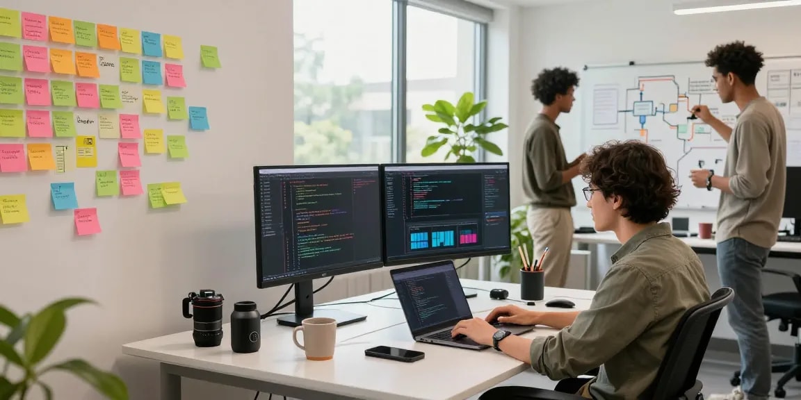 Build internal tools with AI in a collaborative software development workspace with diverse team members focused on coding.