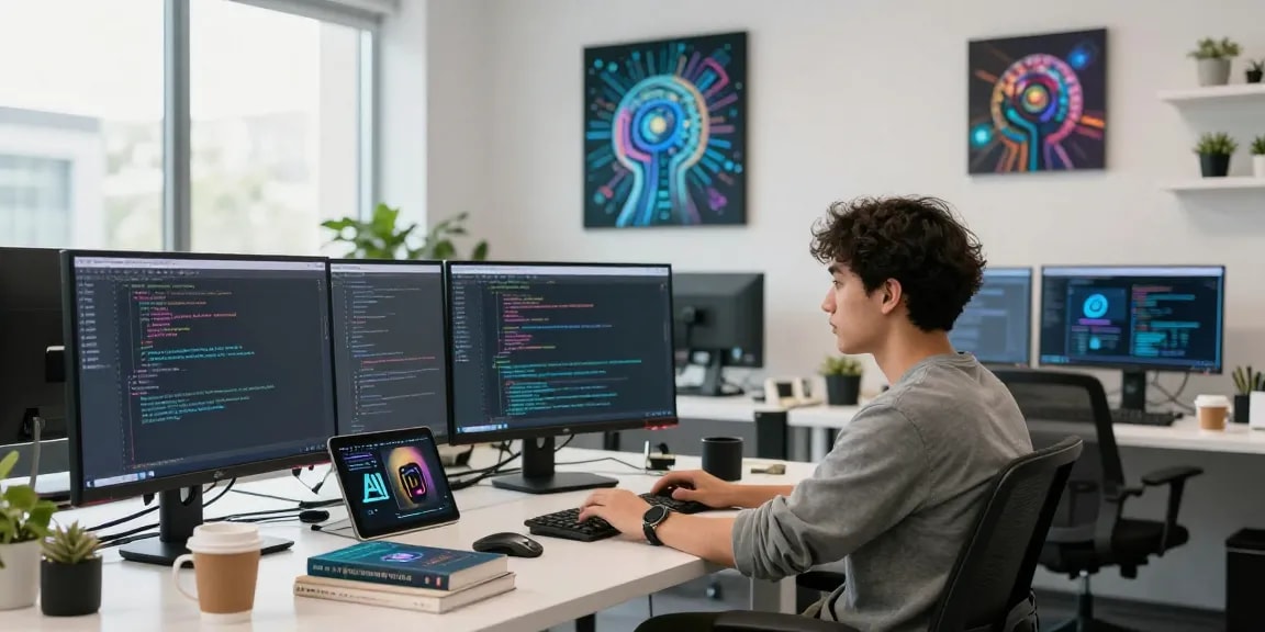 Innovative workspace with AI development, showcasing spicy ai coding and design activities.