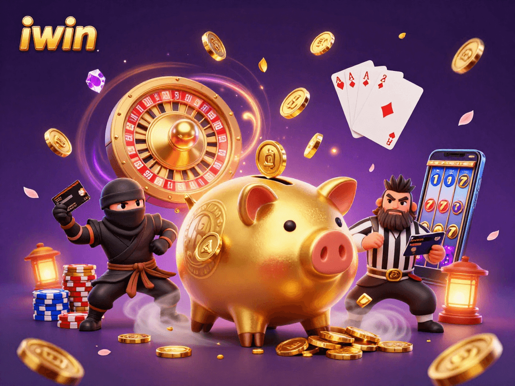Engage with iwin's exciting casino scene featuring playful characters, coins, and vibrant game elements.