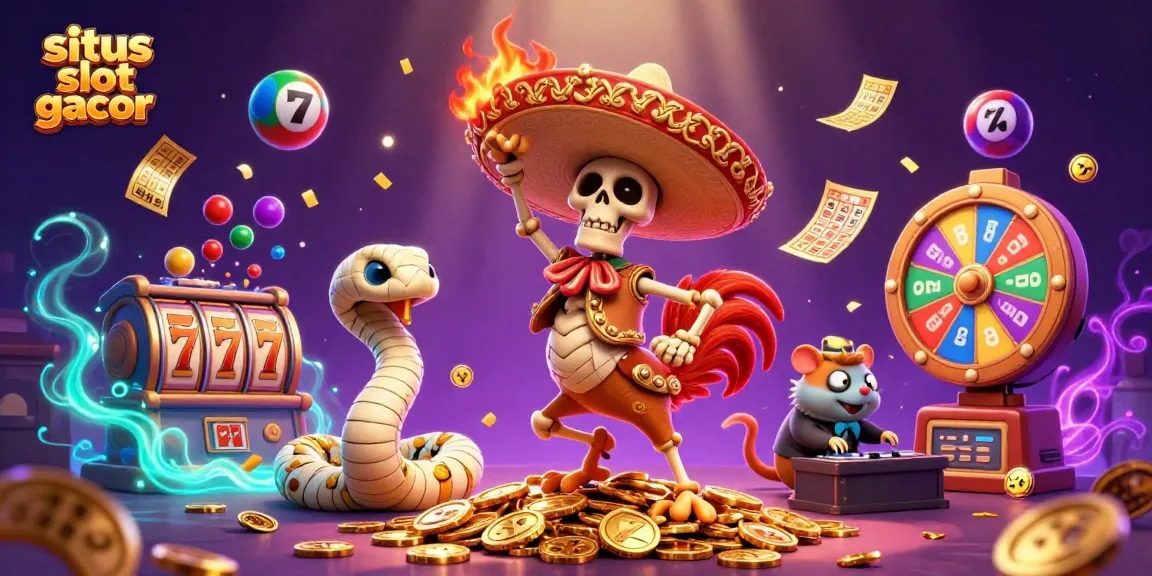 Experience excitement at situs slot gacor with vibrant characters, slot reels, and dynamic game elements.