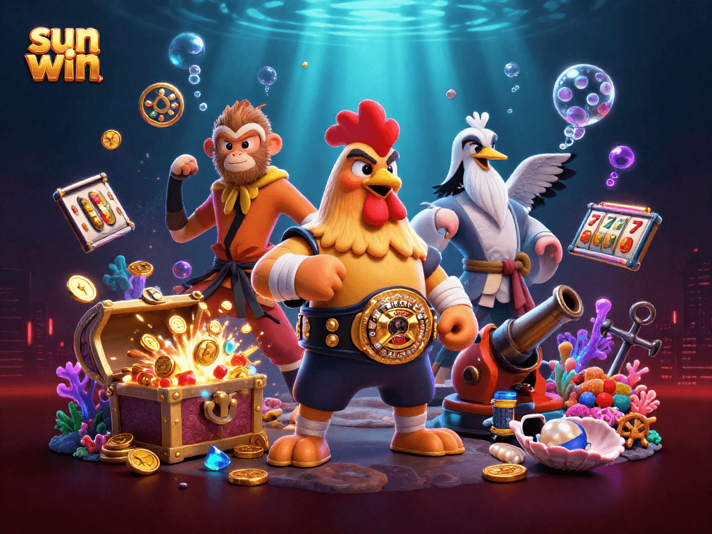 Experience thrilling sun win action with a dynamic 3D casino illustration featuring vibrant characters and games.
