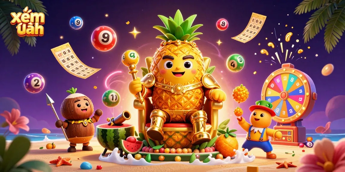 Engage with vibrant casino action at "xem thêm" featuring a golden pineapple king and lottery games.