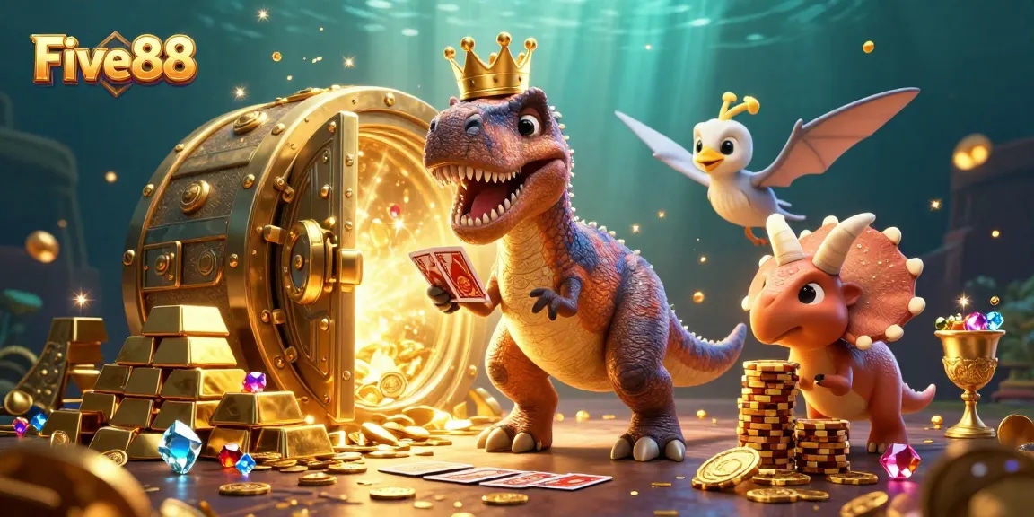 Experience the thrill of Five88 with a playful T-Rex and chips in a vibrant casino scene.