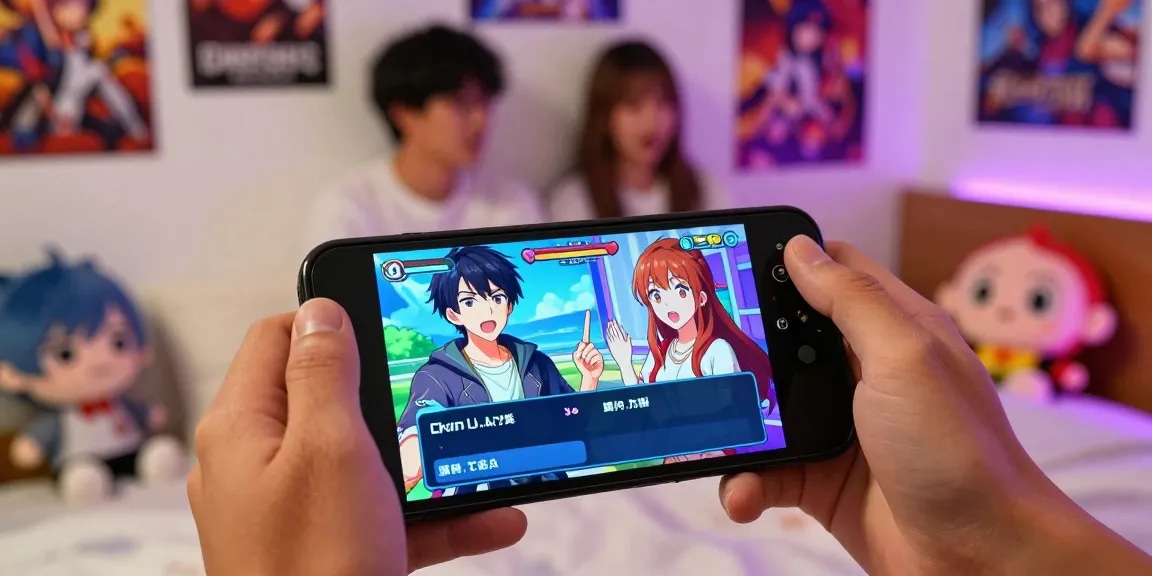 Immersive scene of characters in game hentai visual novel on mobile device, surrounded by decor and gaming merchandise.