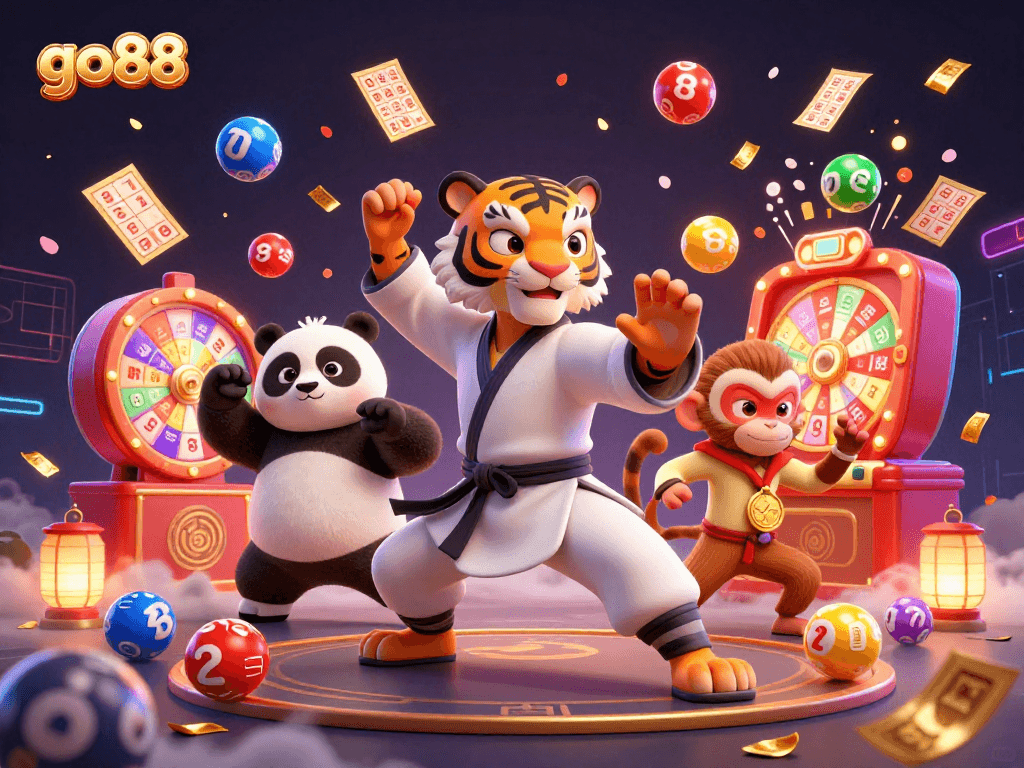 Experience thrilling action with go88's vibrant lottery scene featuring a kung fu tiger and panda disciples.
