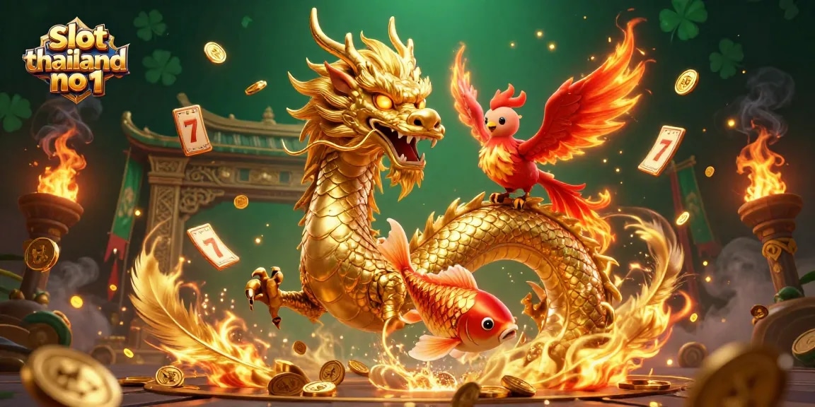 Engage in thrilling moments at slot thailand no 1 with a dragon, phoenix, and koi fish amidst gold coins.