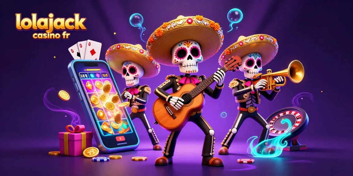 Illustrez l'expérience de jeu immersive de lolajack casino fr avec des membres colorés d'un groupe mariachi entourés d'éléments de casino.