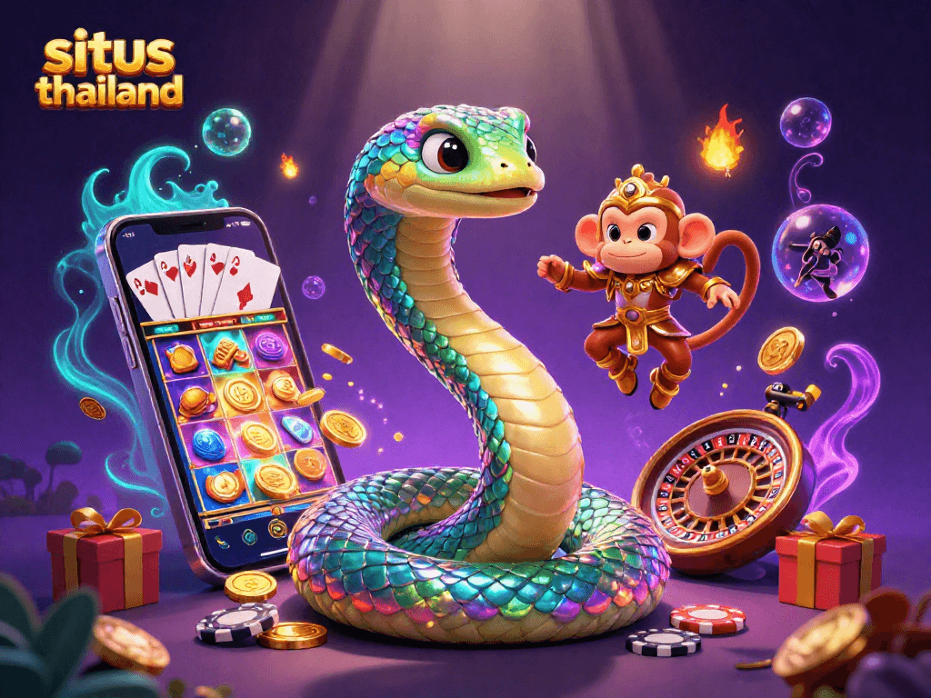 Engage with situs thailand as the vibrant jackpot scene features a rainbow serpent and monkey king with slot games and coins.