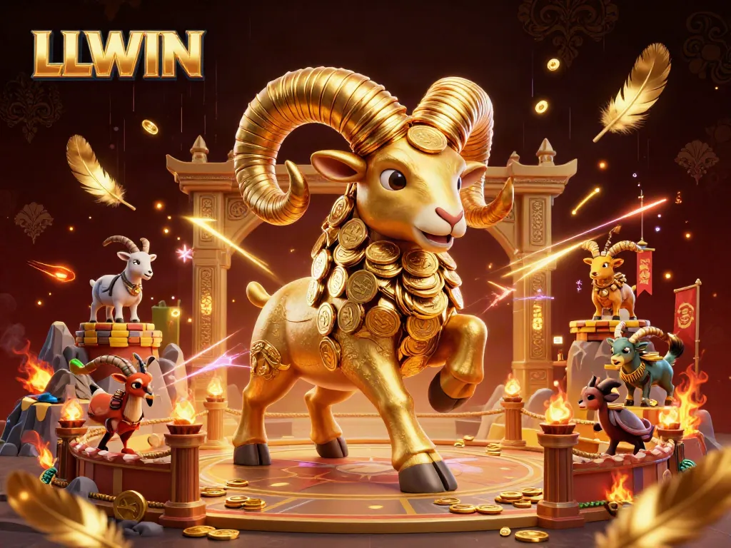 Experience the thrilling action at LLWIN casino with a golden ram charging through a vibrant gambling arena.