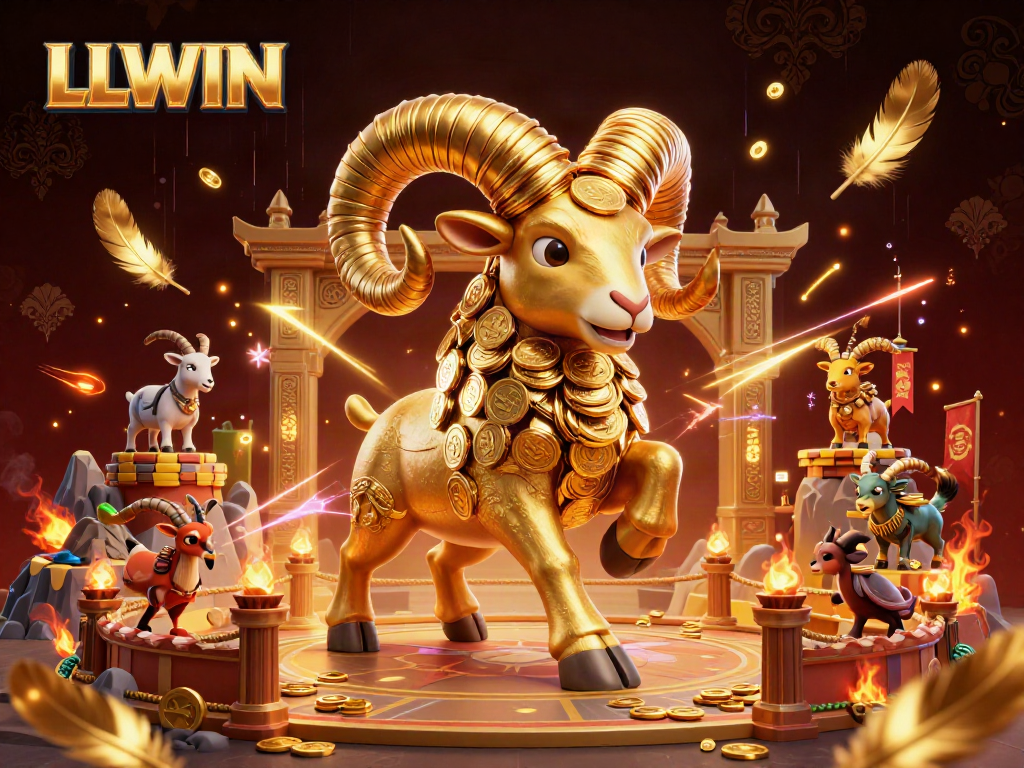 Experience the thrilling action at LLWIN casino with a golden ram charging through a vibrant gambling arena.